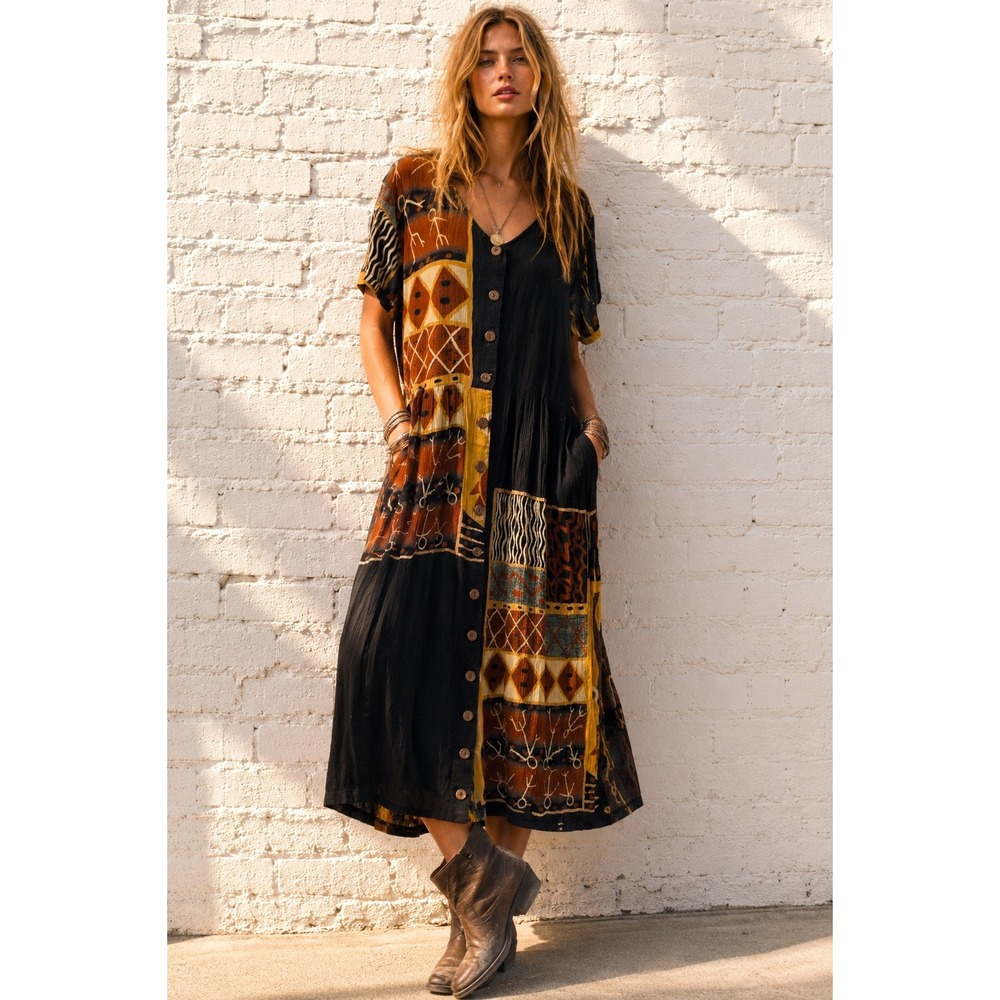 Vintage Patchwork Tribal Print Midi Dress Button Front Rayon Boho 90s Large